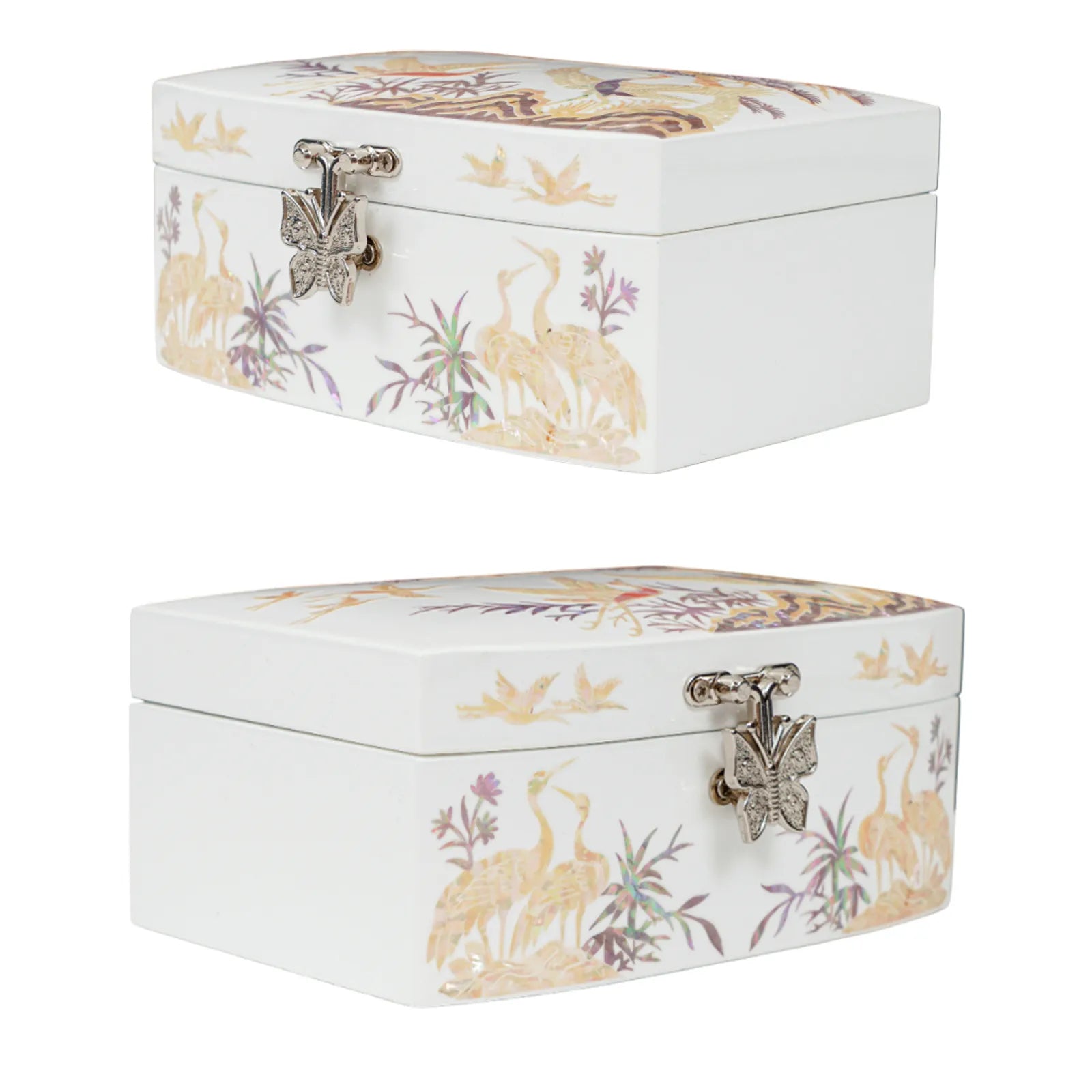 White jewelry box with crane inlay and butterfly clasp, lacquer finish