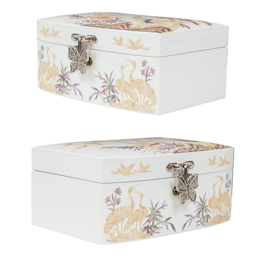 White jewelry box with crane inlay and butterfly clasp, lacquer finish