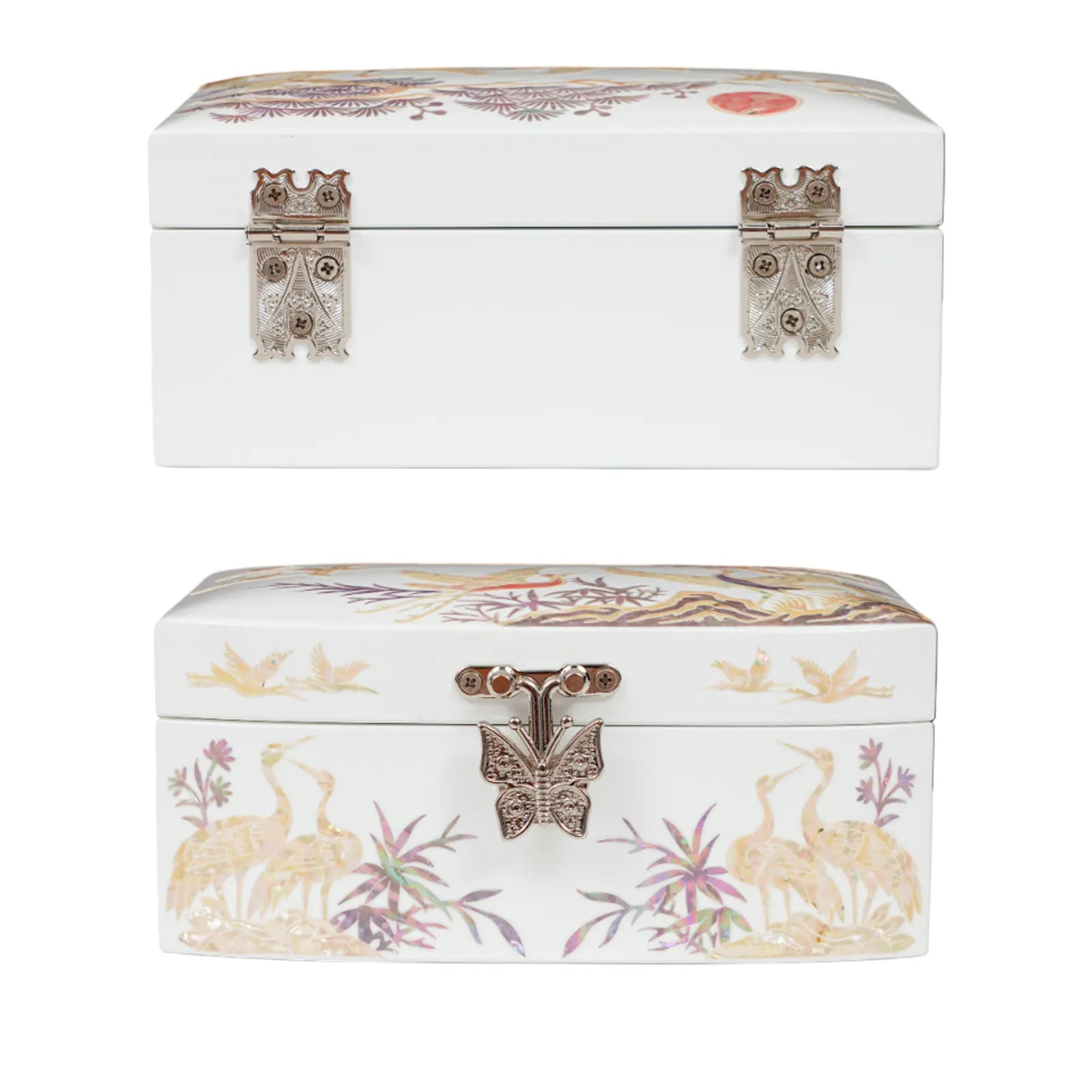 White mother-of-pearl jewelry box with butterfly clasp and crane design
