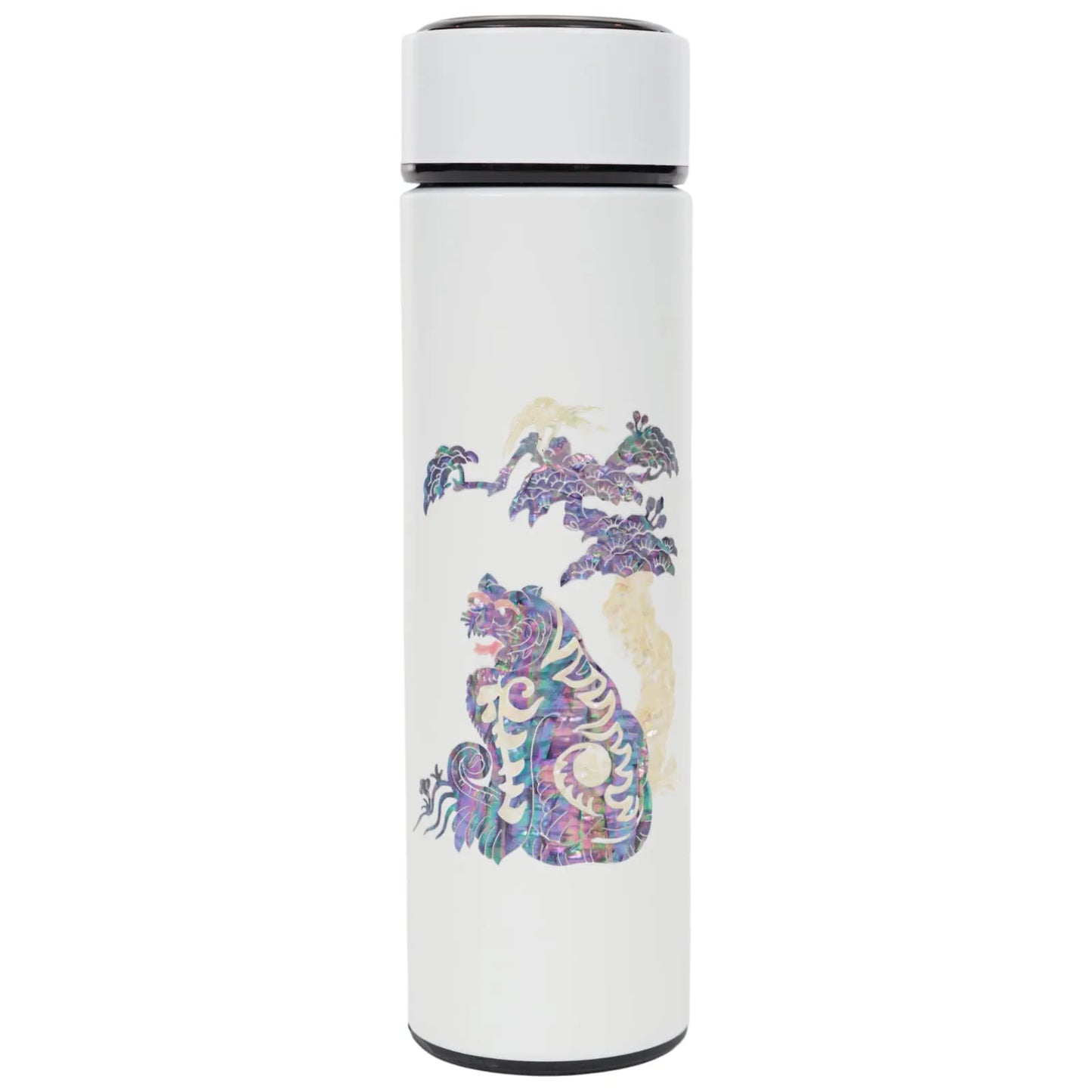 White tumbler with colorful magpie-tiger and tree in mother-of-pearl design