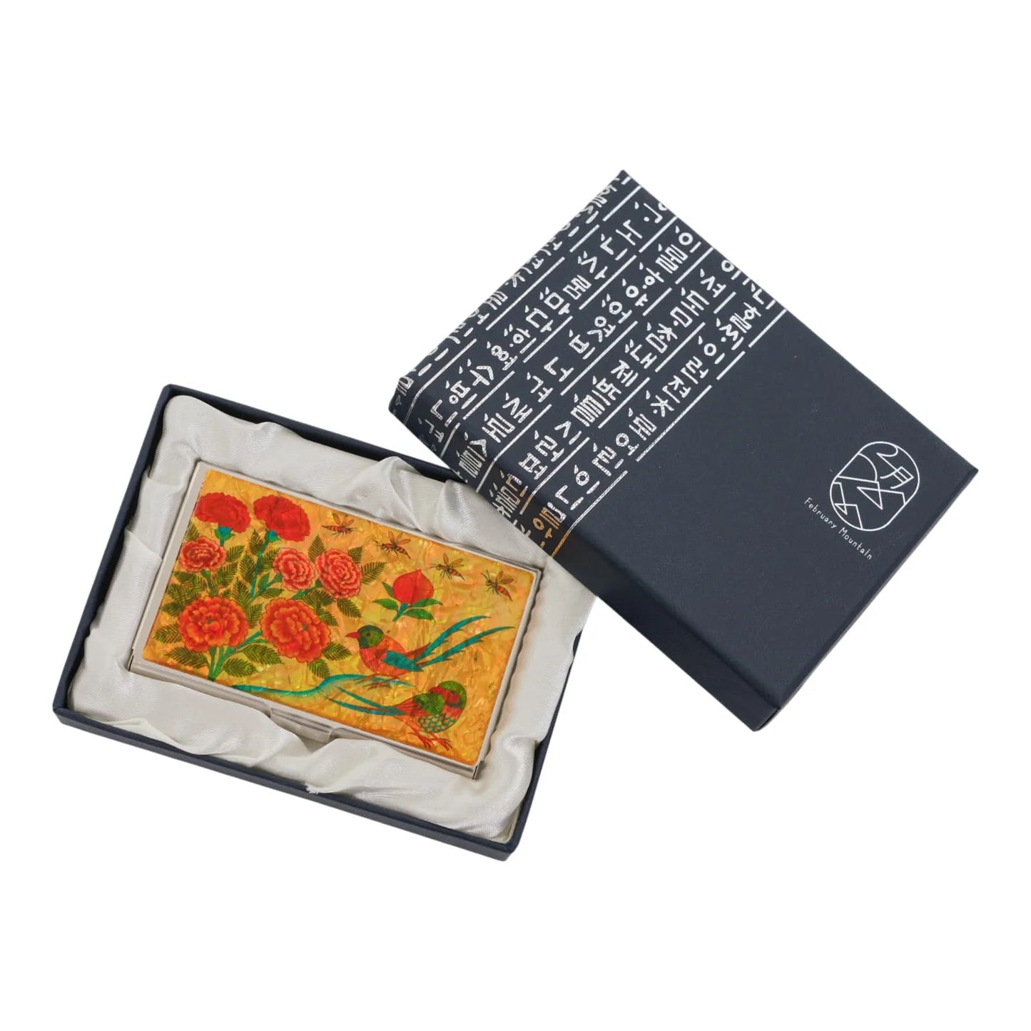 Yellow floral bird design card case displayed in Korean-style black gift box