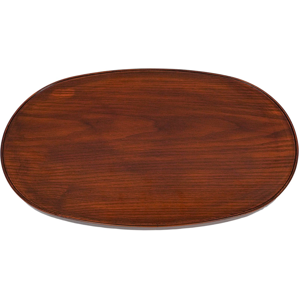 This image displays the back of an elliptical wooden tray, with a smooth, rich mahogany finish.
