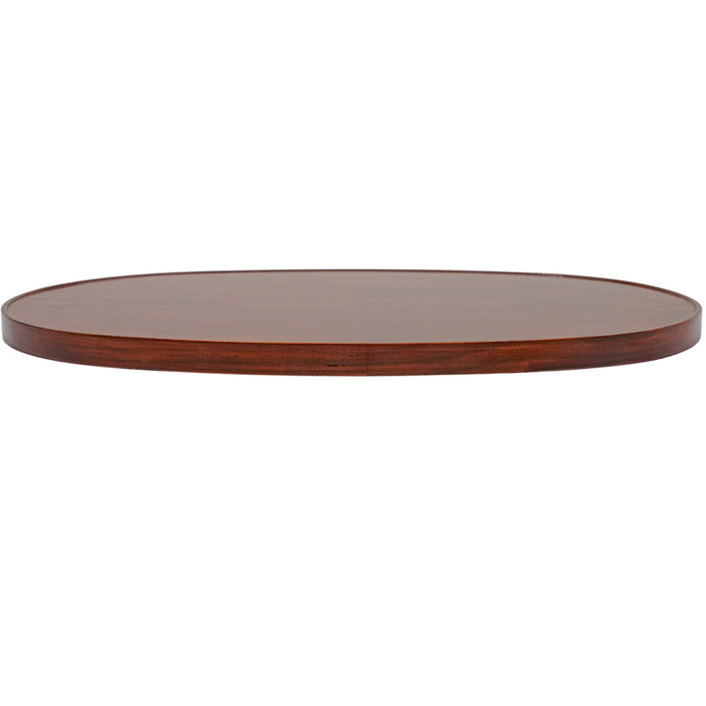 A side profile of an oval tray with a smooth, glossy lacquered finish in a rich wood tone, displaying a sleek and elegant design.