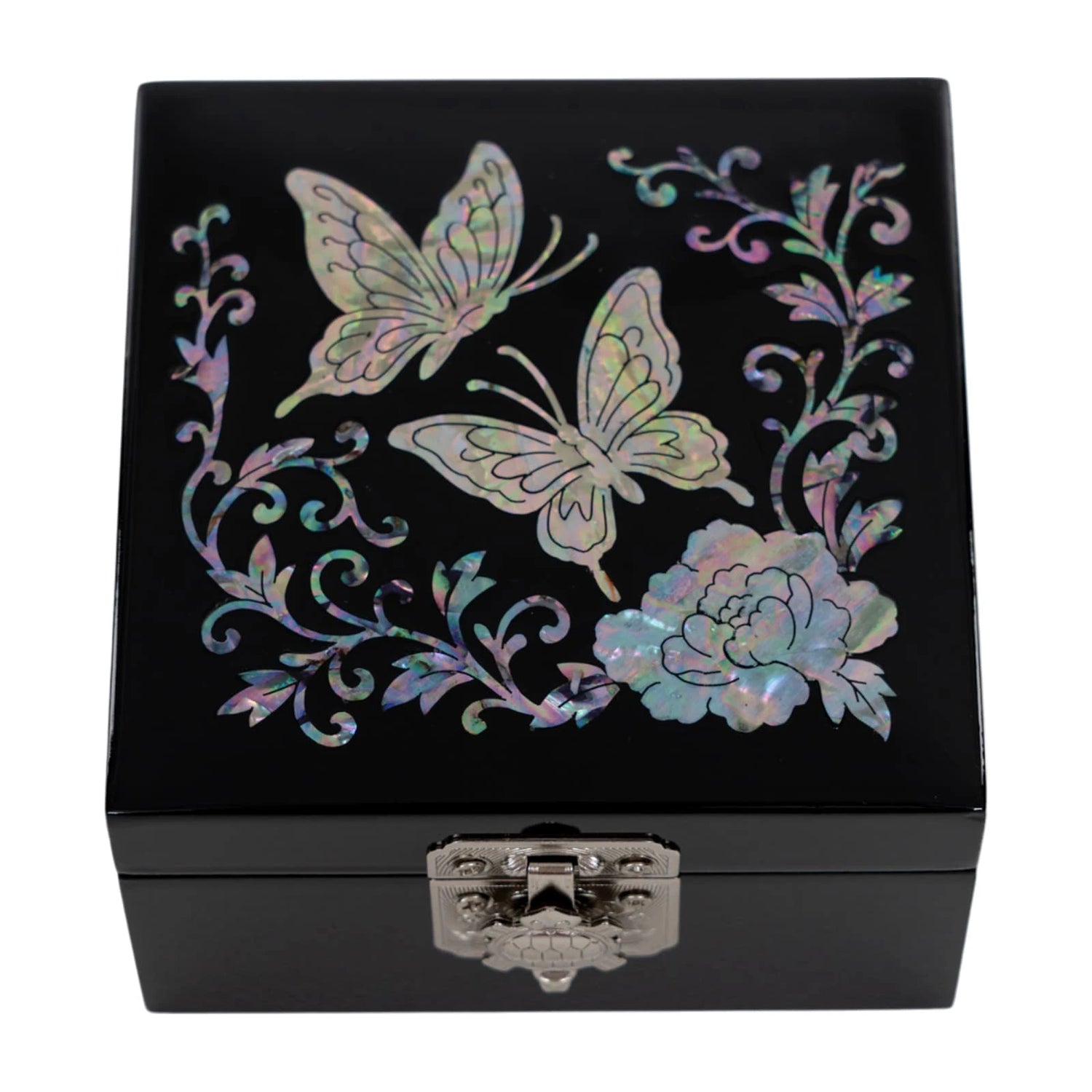 Black jewelry box with butterfly and floral designs on a white background