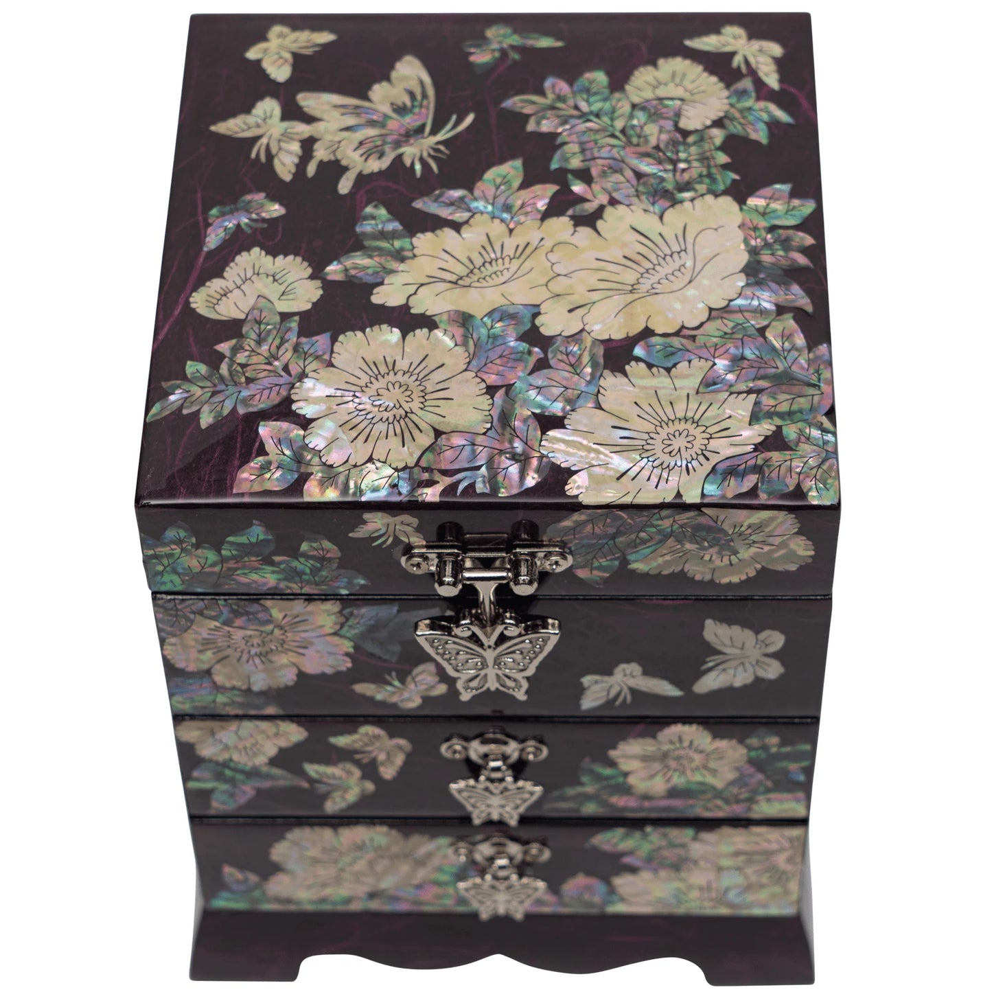 mother-of-pearl jewel with two drawers in a square shape Purple colors