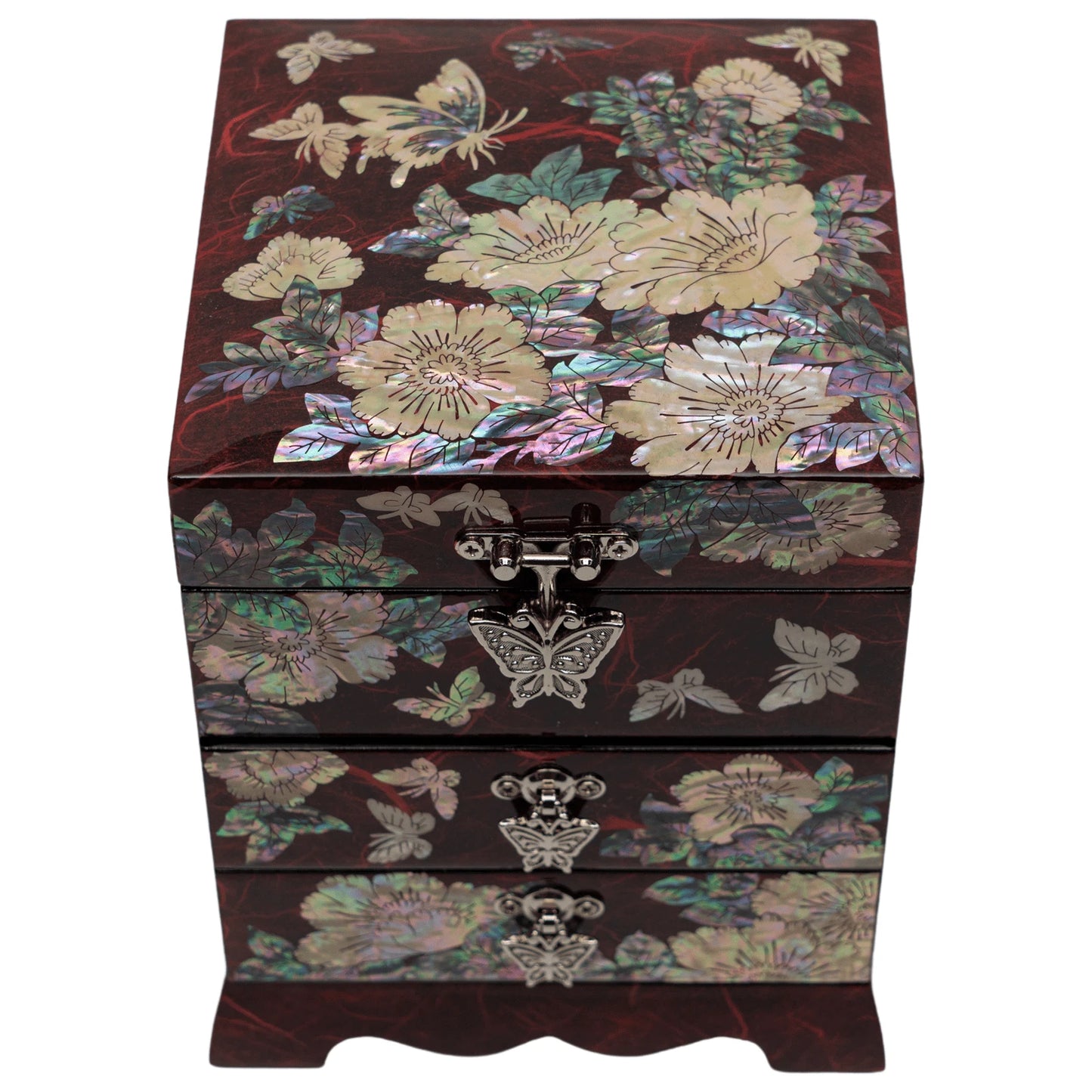 mother-of-pearl jewel with two drawers in a square shape red colors