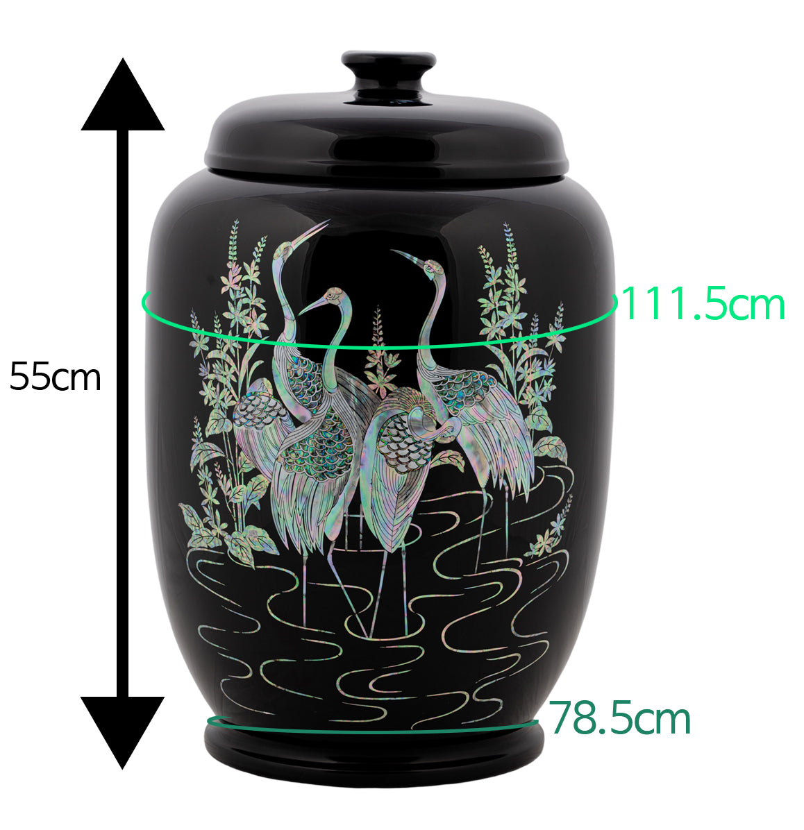 Elegant Black Container with Mother-of-Pearl Cranes and Pine Design