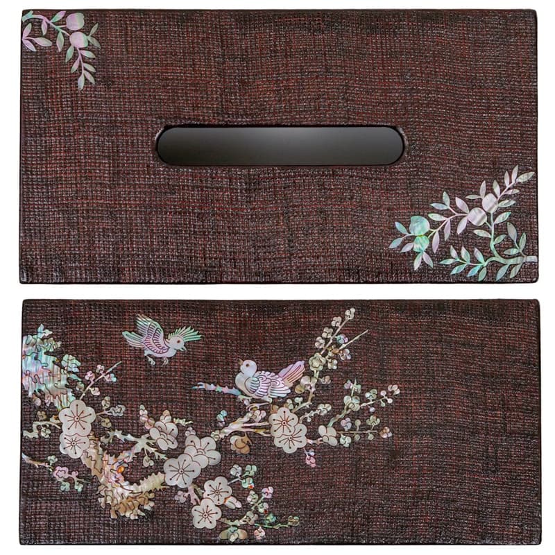 The image shows a brown tissue box cover with a mother-of-pearl inlay depicting a branch with flowers and birds on one side and a simpler branch design near the opening.