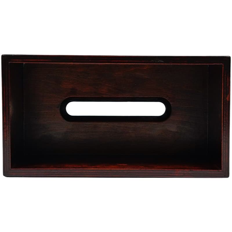 This image displays the inside of a dark wooden tissue box case with a rectangular opening for dispensing tissues.