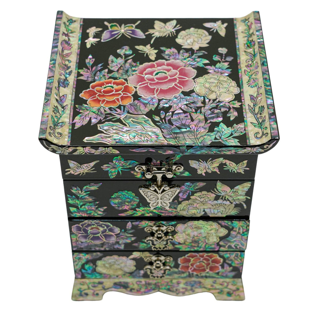 A jewelry box with mother-of-pearl inlay featuring butterflies and flowers on a curved front, set against a dark background.