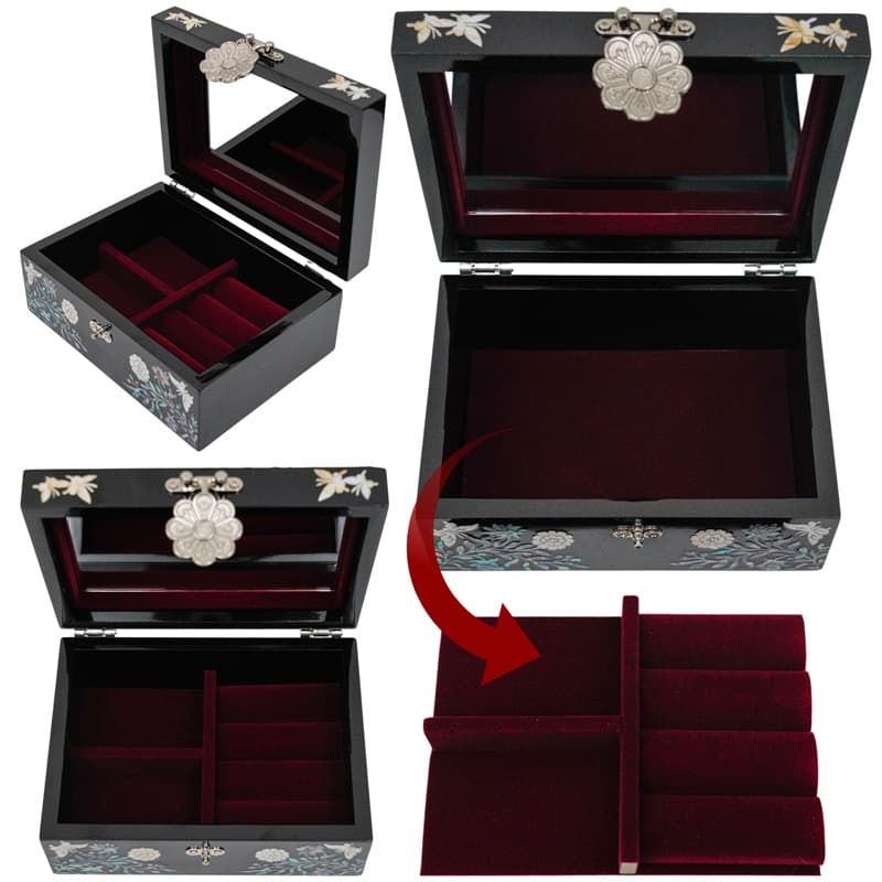 A collage showing a black jewelry box with a floral inlay and clasp, open to reveal a red velvet interior with removable compartments.