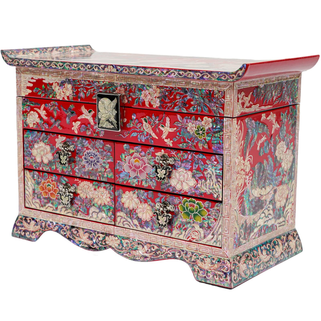 Red Large Crane Jewelry box with 4 Drawers