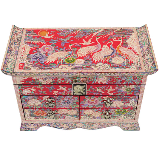 Red Large Crane Jewelry box with 4 Drawers
