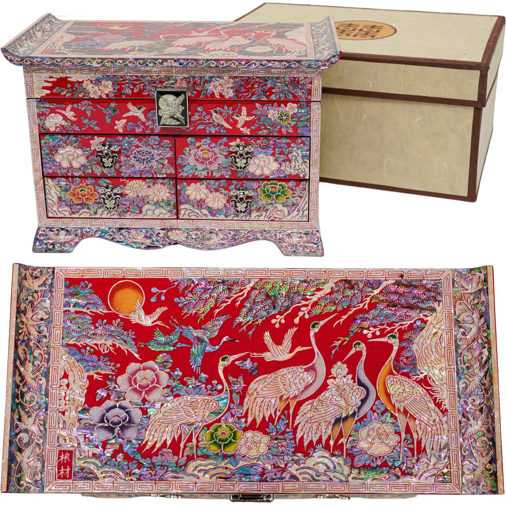 Red Large Crane Jewelry box with 4 Drawers