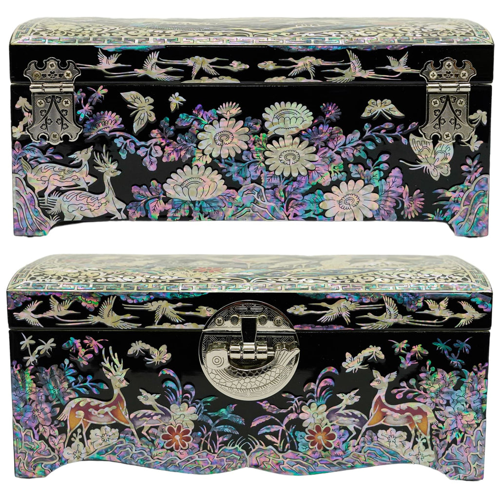 A pair of images of a closed mother-of-pearl jewelry box, displaying detailed floral designs and animals, with a secure front latch, emphasizing the box's artistic and functional features.