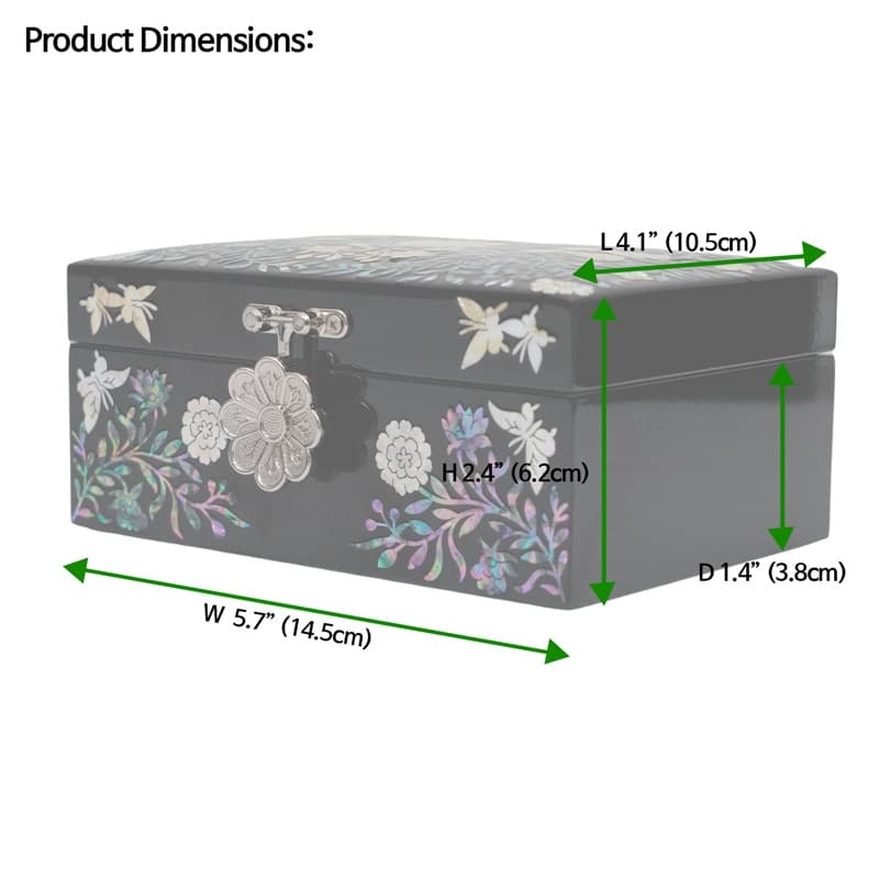 An image showing the dimensions of a gray jewelry box with floral mother-of-pearl inlay Length 4.1, Width 5.7, Height 2.4.
