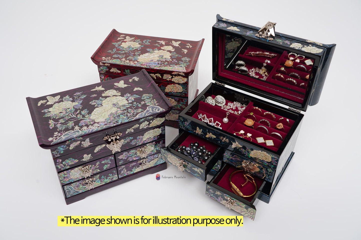 Peony Flowers and Butterflies Blue Jewelry Box with 4 Drawers