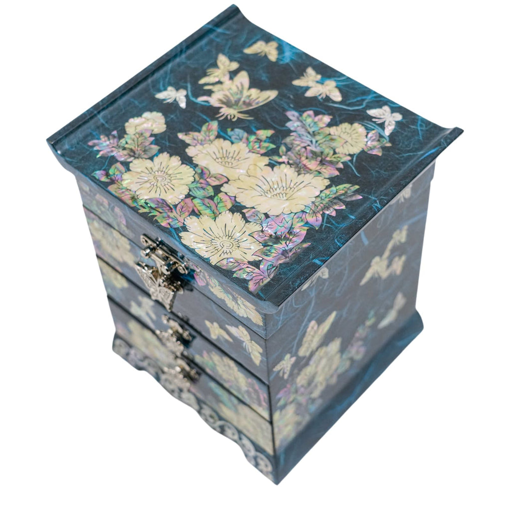 February Mountain Wooden Cube Jewelry Trinket Organizer Box w  Drawer Mother of Pearl Handmade Peony with Butterfly - 4