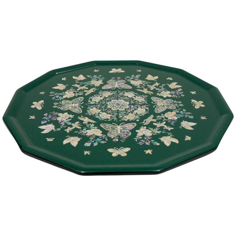  A octagonal tray adorned with luminous butterflies and florals in blues and greens. At its heart is a detailed floral motif, with surrounding butterflies, conveying a sense of refined artistry.