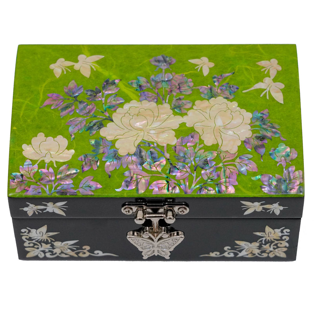 Beautiful Mother of Pearl Small Jewelry Box Flower and Butterflies design Apple green Color