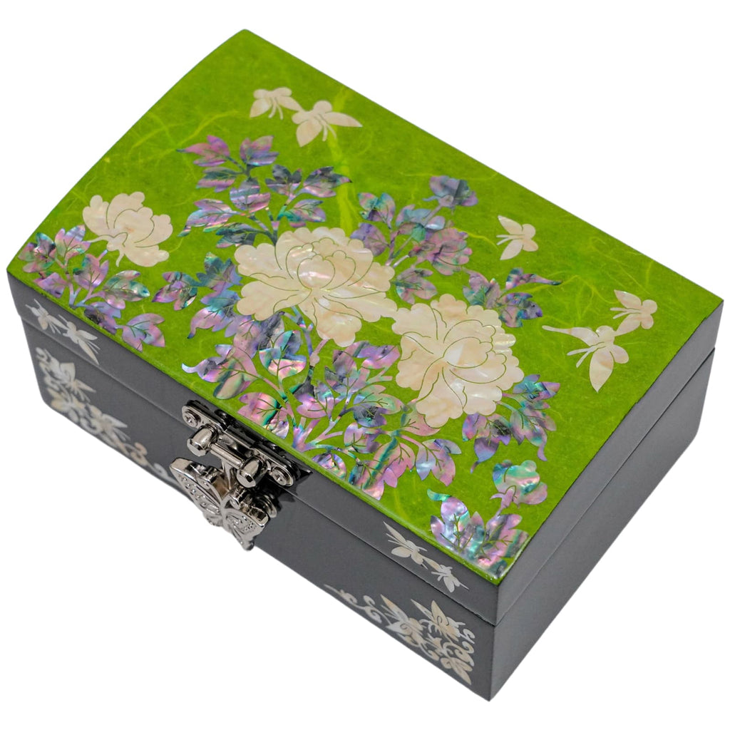 Beautiful Mother of Pearl Small Jewelry Box Flower and Butterflies design Apple green Color