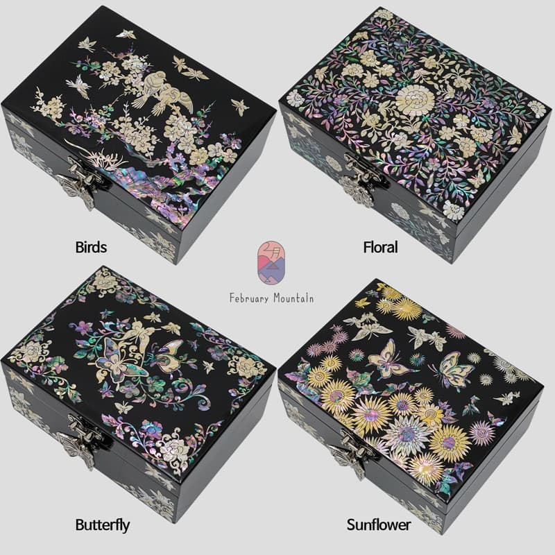 Four jewelry boxes with different mother-of-pearl designs: birds, floral, butterfly, and sunflower, each with a unique clasp 