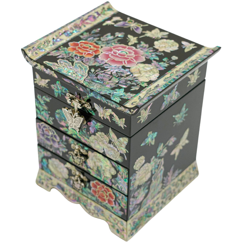  A jewelry box with colorful mother-of-pearl inlay depicting flowers and butterflies on a dark background.