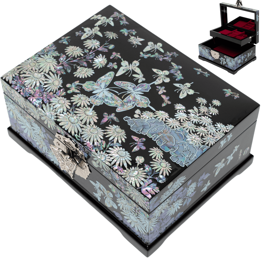 A black jewelry box with a mother-of-pearl Siberian chrysanthemum and butterfly design, shown alongside a smaller open box with red interior.