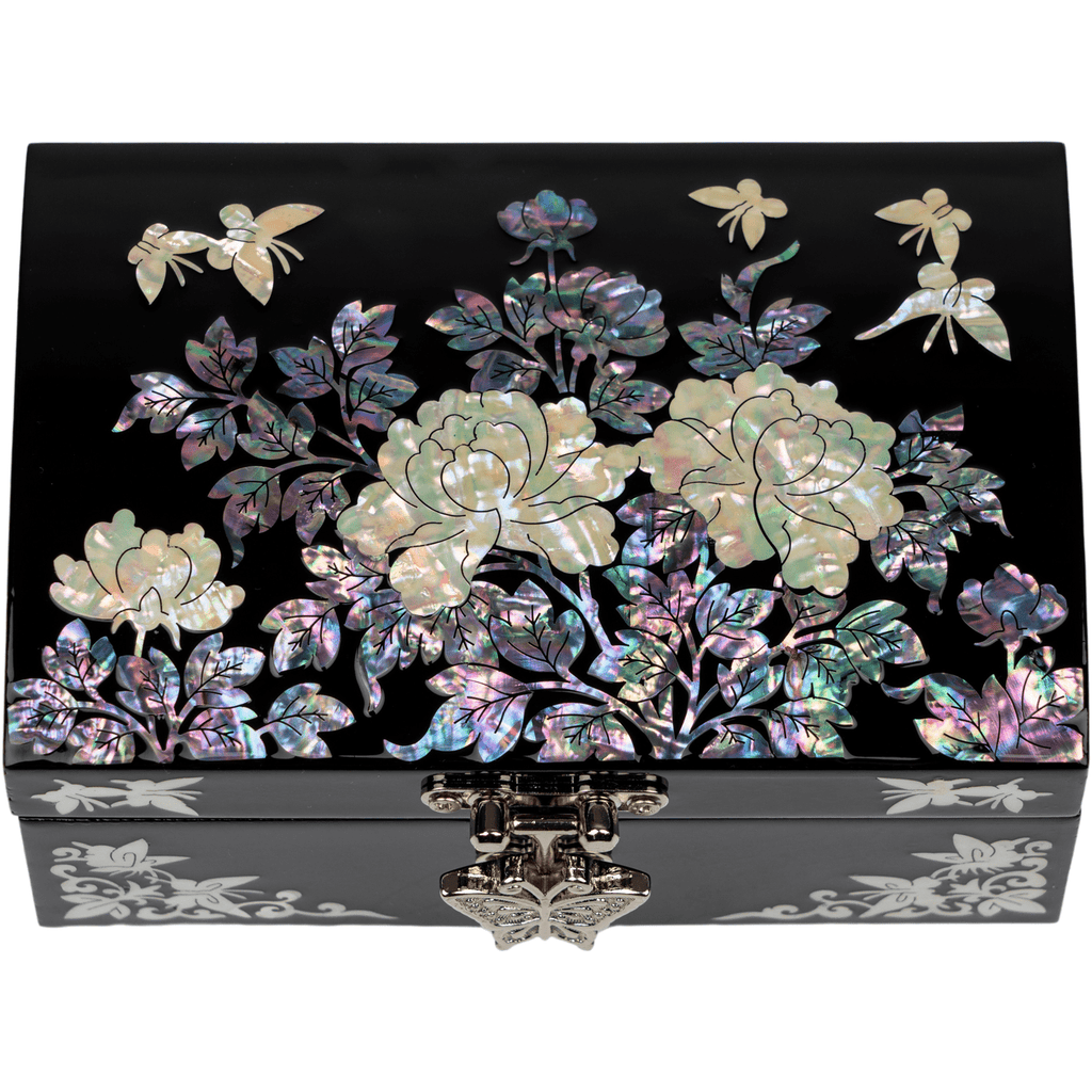  A vibrant mother-of-pearl jewelry box with floral motifs and fluttering butterflies on a glossy black background, exuding elegance and craftsmanship.