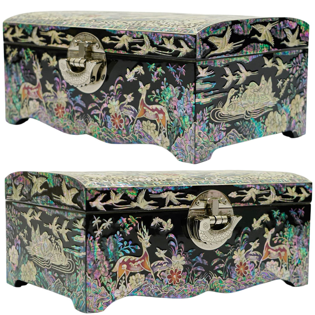  An ornate mother-of-pearl jewelry chest featuring vibrant floral patterns and deer motifs with birds in flight. The geometric border frames the intricate details, and a front latch ensures safekeeping.