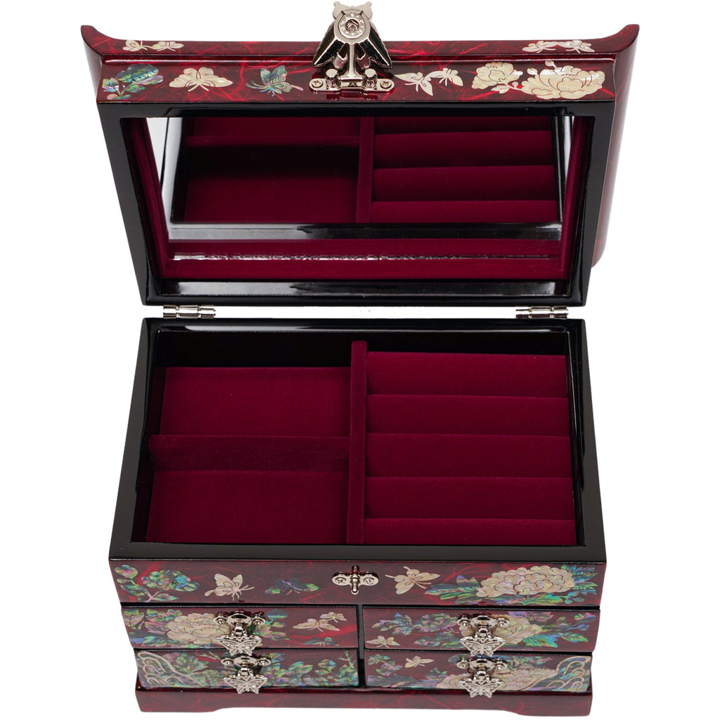 When you open the jewelry box, there is a built-in mirror, and a soft felt is laid, so you can put up to nine rings on the right, and you can store necklaces or earrings on the left.