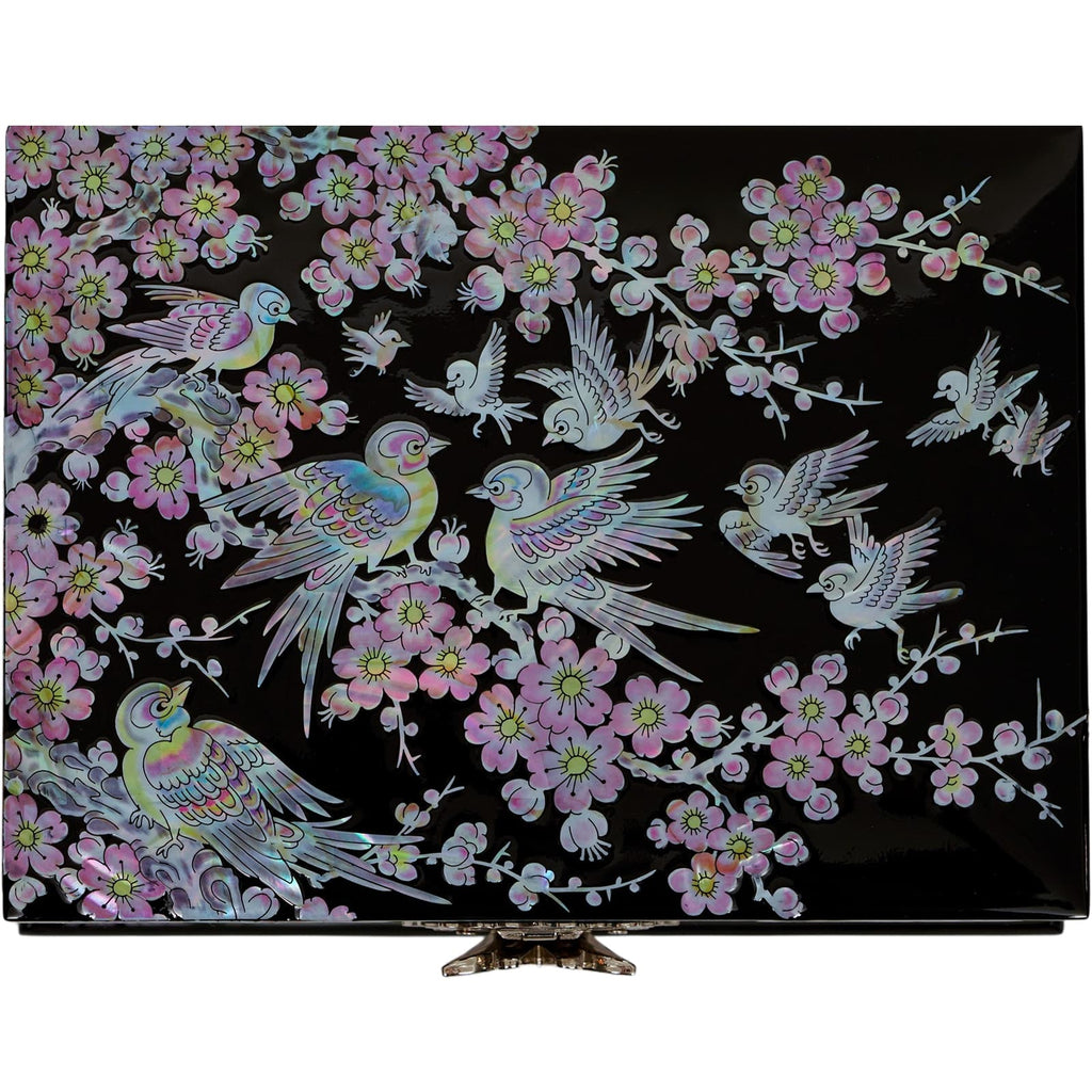 An ornate jewelry box top, featuring a mother of pearl inlaid design with colorful birds and plum blossoms on a black background.