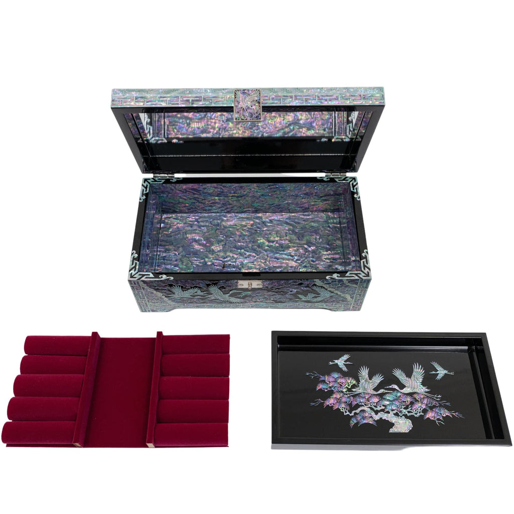 This image displays an open jewelry box with iridescent mother-of-pearl inlay, featuring a removable soft felt ring tray and a separate tray with a decorative inlaid design