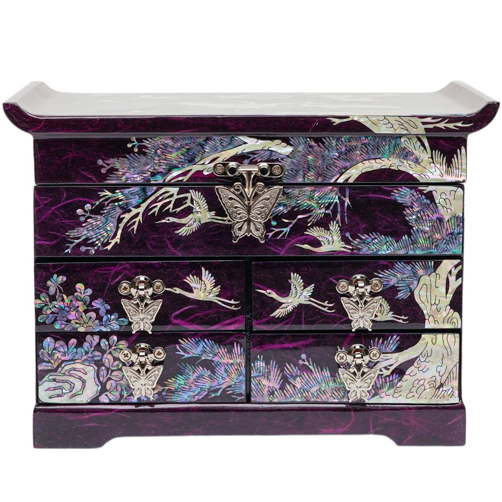 A purple jewelry box with mother-of-pearl inlay showcasing butterflies and cranes, a unique gift symbolizing friendship and love.