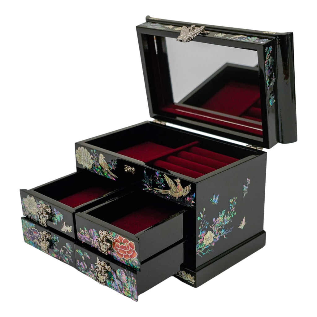 A black jewelry box with mother-of-pearl inlay depicting butterflies and flowers, featuring a mirror and velvet-lined drawers. Perfect for organizing and storing precious items.