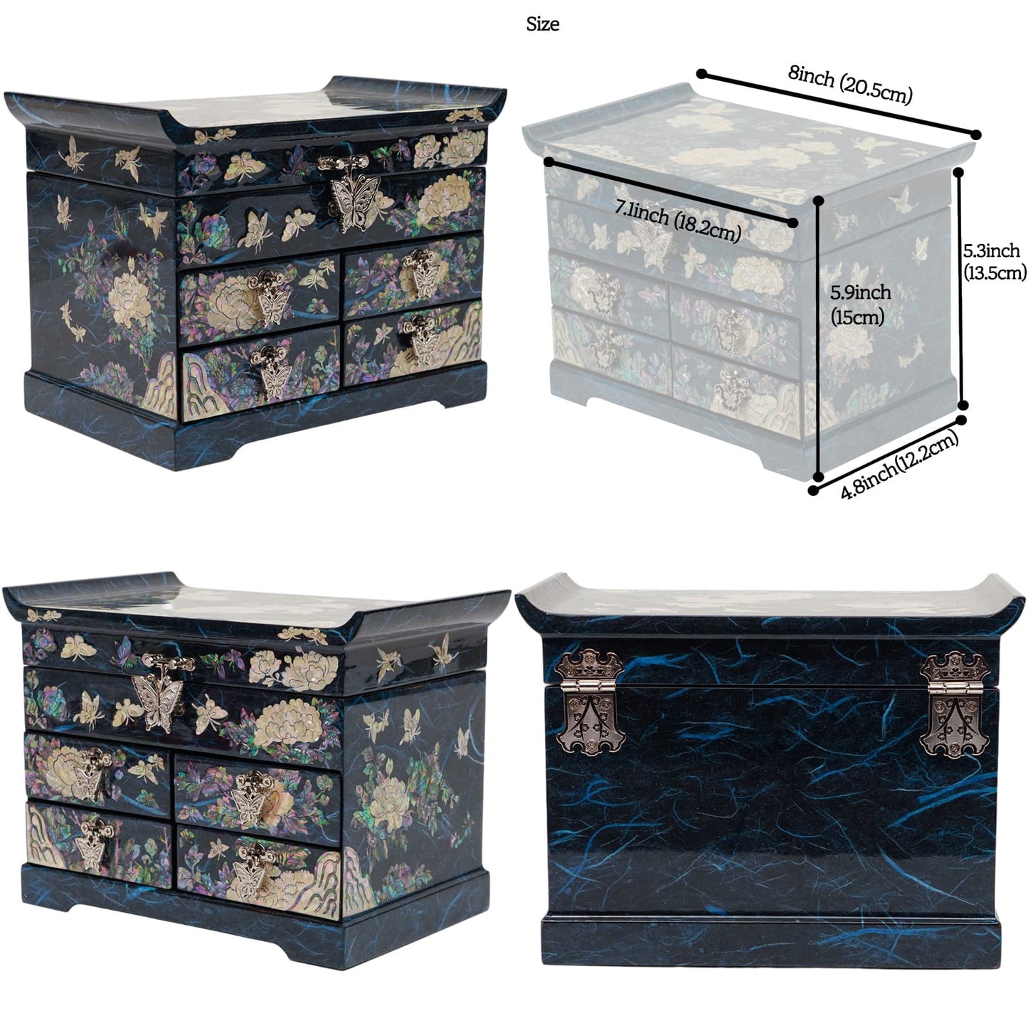 A mother-of-pearl inlaid jewelry box shown from multiple angles with dimensions labeled.