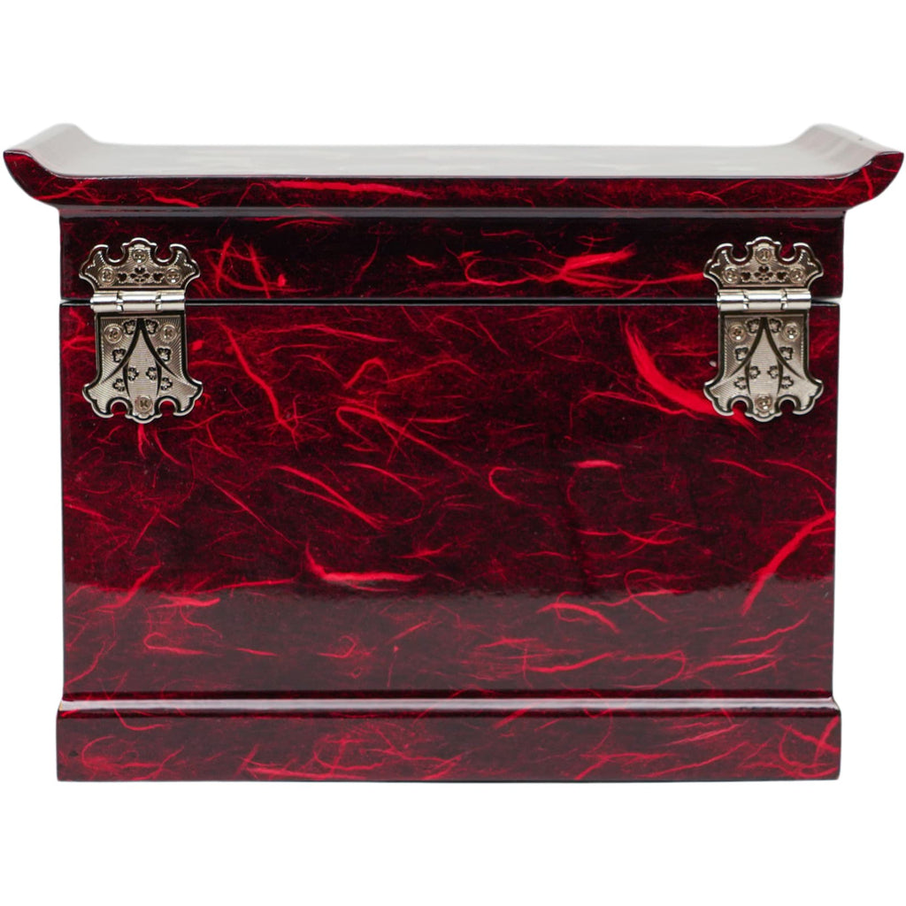  A red mother-of-pearl jewelry box with intricate detailing and silver clasp, displaying a traditional Korean design on the back side.
