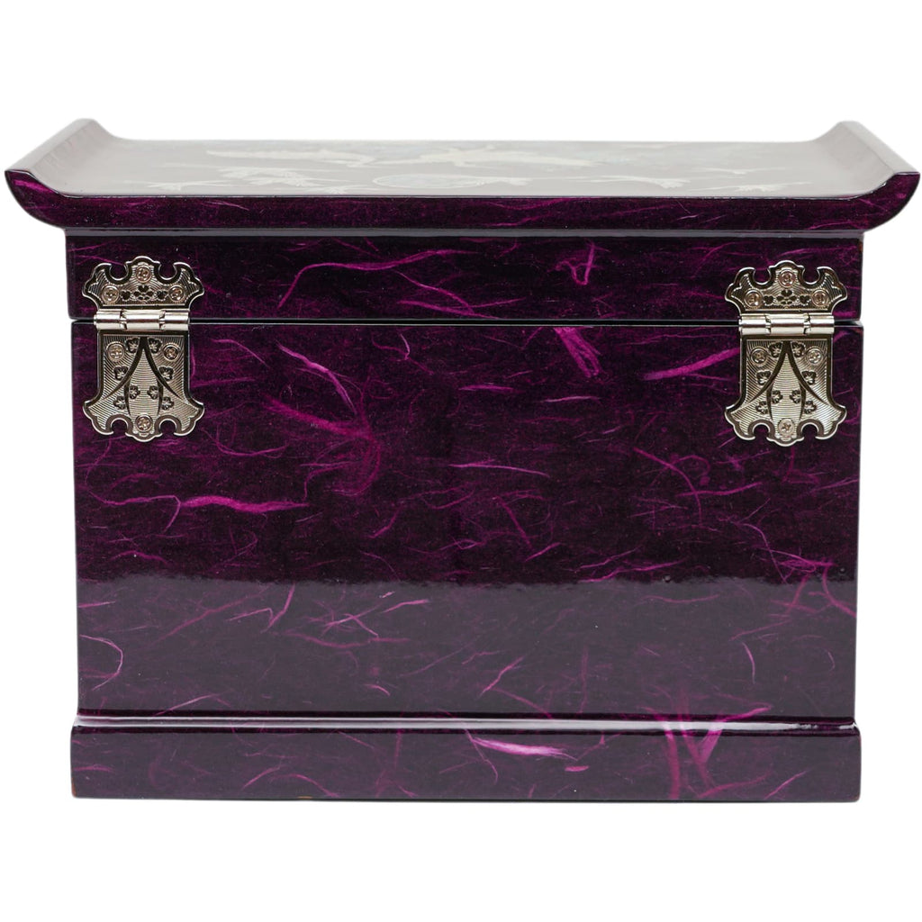 A purple mother-of-pearl jewelry box with intricate detailing and silver clasp, displaying a traditional Korean design on the back side.